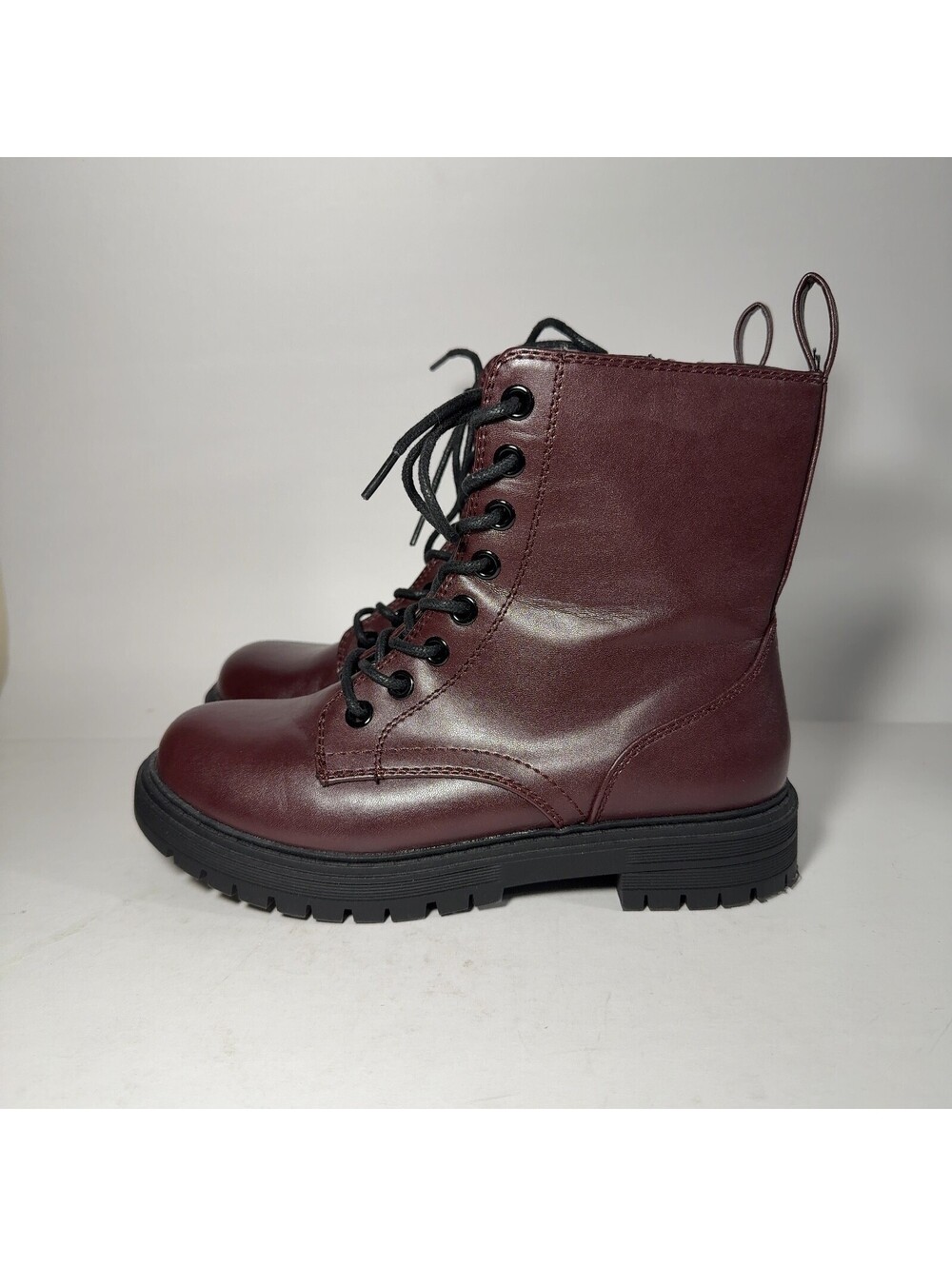 Women's Burgundy Combat Boots Size 6 Lace Up Side Zip Ankle